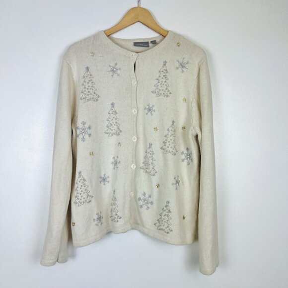 Croft & Barrow Christmas Sweater Cardigan Beaded Tree Snowflakes Ivory sz L - Picture 1 of 9
